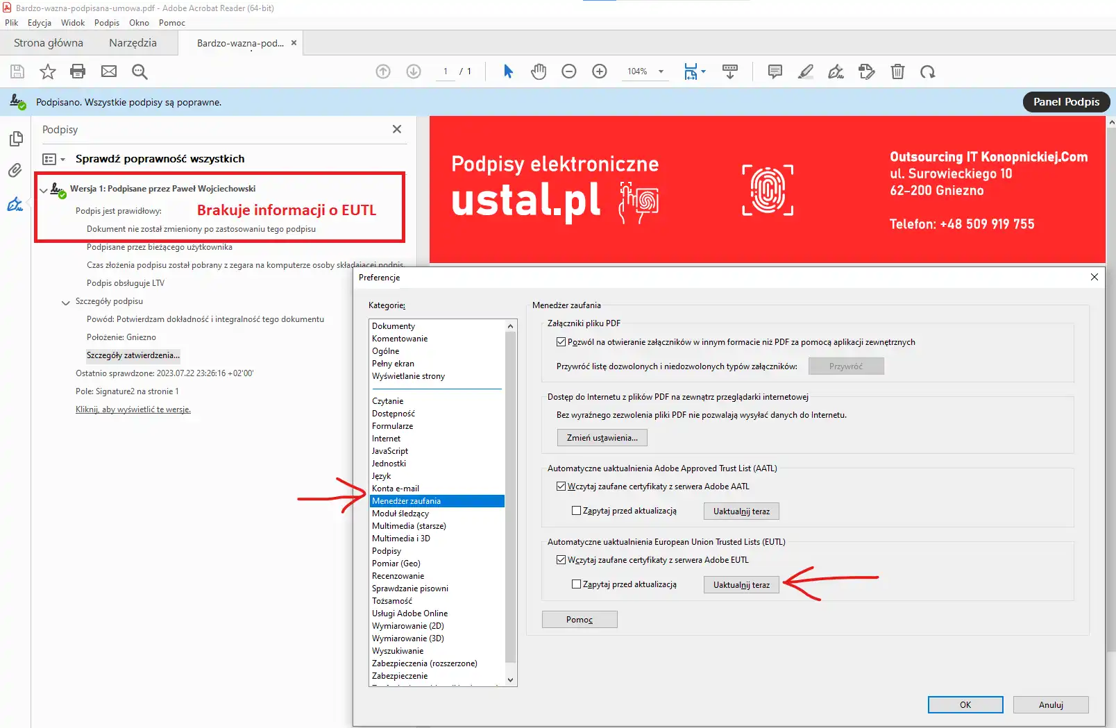 Aktualizacja listy certyfikatów EUTL (European Union Trusted List) programu Adobe Reader - Ustal.pl